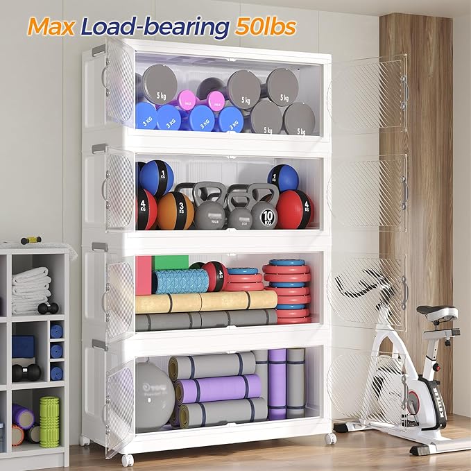 240GAL Plastic Storage Bins with Lid, 960QT Extra Large Stackable Closet Organizers and Storage, Collapsible Storage Boxes with Wheels, Folding Cabinet for Home Kitchen Office, 6Pack White