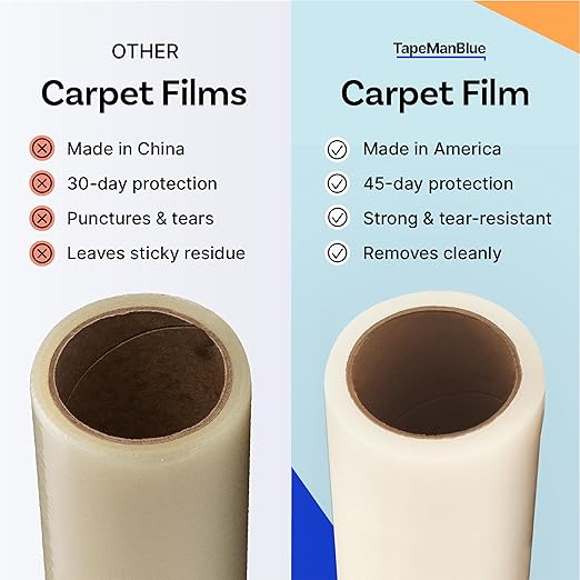 Carpet Protector Film, 36 inch x 500 feet, Made in The USA, Self Adhesive Carpet Protection Film with Easy Unwind and Clean Removal, Strong and Durable Covering for Construction