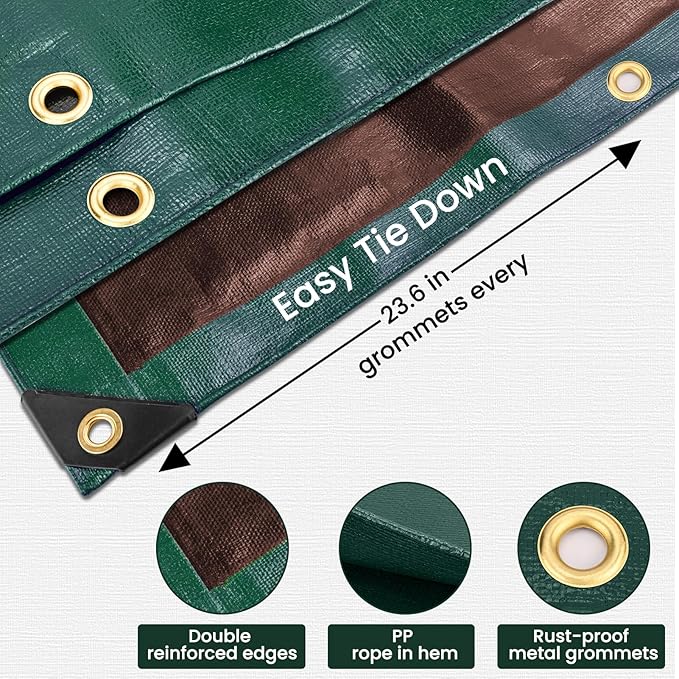 Tarp 8x10 Feet 16 Mil Heavy Duty Waterproof Tarp, Large Multipurpose Cover with Brass Grommets and Reinforced Edges, UV Resistant Thick Poly Tarps for Outdoor Camping Tent Pool Car, Green