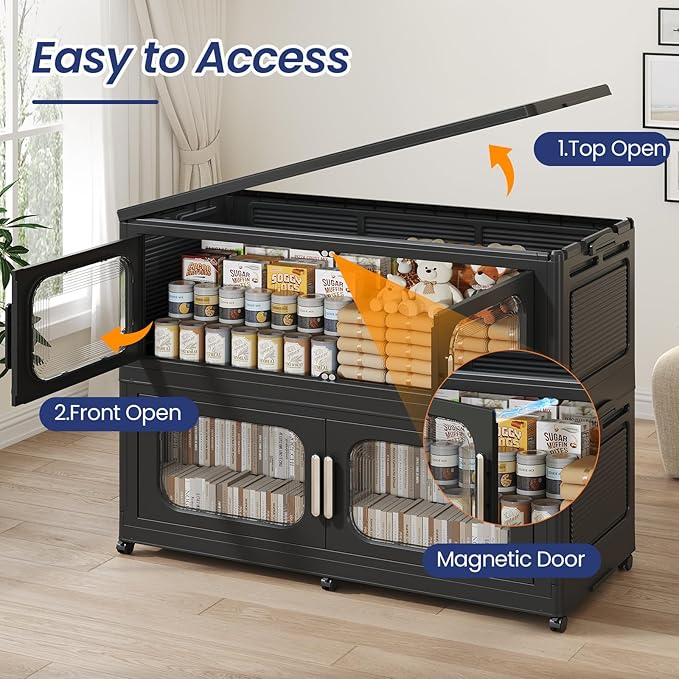 1000QT Large Stackable Storage Bins with Lid, 250Gal Plastic Collapsible Closet Organizers Drawers Box with Wheels, Folding Cabinet Containers with Doors for Home Kitchen Office, 5Pack Black