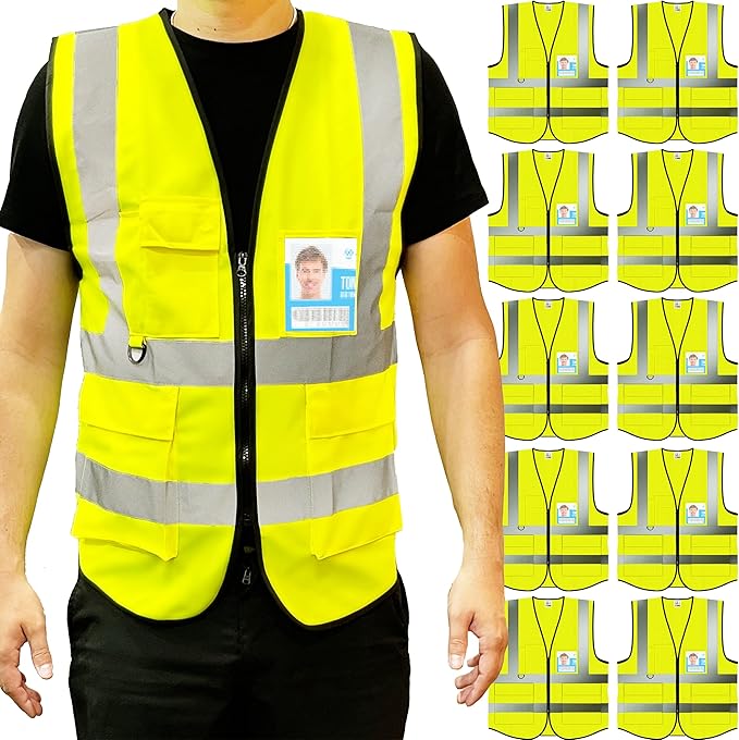 PeerBasics Safety Vest 10 Pack, Yellow, ANSI Class 2, Reflective, For Men Women Unisex, With Pockets Zipper, Breathable Mesh (Medium)