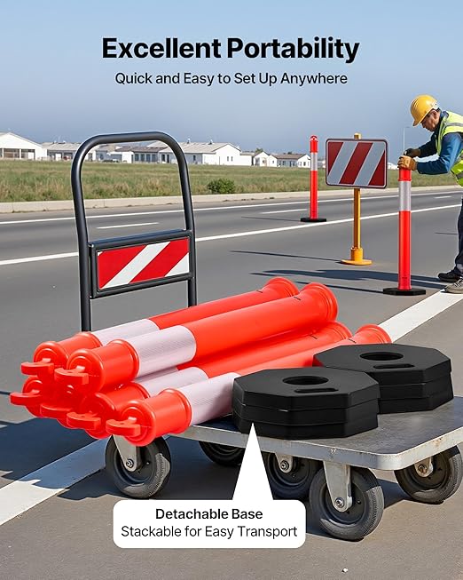 VEVOR 3 Pack Traffic Delineator Posts, 48 inches Traffic Safety Cones with Weighted Base and Reflective Strips, Heavy Duty Delineator Posts for Construction Site, Parking Lot, Crowd Control, Red