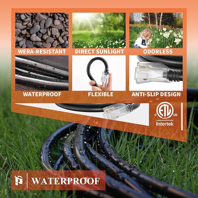 PLUGTUL 10 Gauge Extension Cord 100FT, Black Outdoor Extension Cord with Lighted End, Heavy Duty,15A 1875W SJTW, ETL Listed