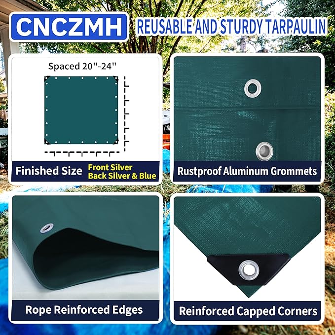 Heavy Duty Tarp Waterproof 12x12 Feet, 10 Mil Thick Green Poly Tarps Outdoor, Metal Grommets, Reinforced Edges, Multipurpose Tarpaulin Protective Cover for Camping, Boat, Swimming Pools, Car