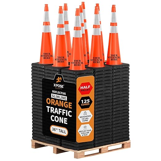 Xpose Safety 36 Inch Orange Slim Line Traffic Cones 6" & 4" Collar - Bulk Half Pallet 125 Pack - Multipurpose PVC Plastic Safety Cone for Parking, Soccer, Caution & Construction - DOT Approved