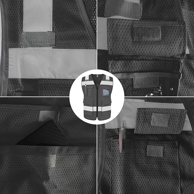 TCCFCCT Mesh Safety Vest for Men Women 5 Pockets Reflective Vest with Reinforced Zipper, High Visibility Construction Work Vest with Tabs for Walkie-talkie, Durable to Use, Meets ANSI/ISEA, Grey, 5XL