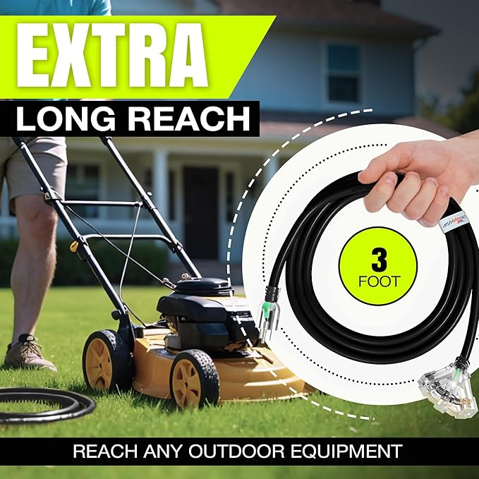 3ft Outdoor/Indoor Extension Cord 3-Outlet 12/3 Gauge Extra Heavy Duty 3 Prong SJTW, Waterproof, Flexible Cold-Resistant Long Power Cord,15A 125V 1875W, Black by LifeSupplyUSA