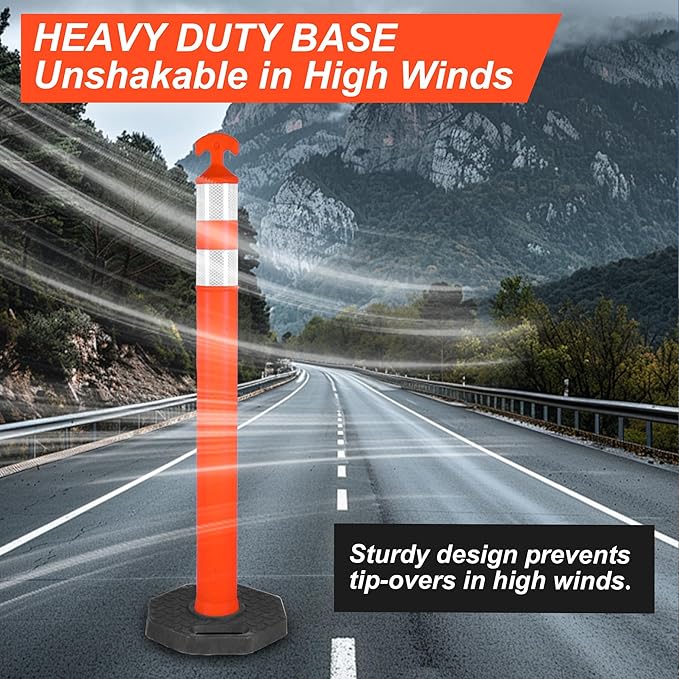 42" Traffic Delineator Posts,3 Pack Orange Safety Cones with Reflective Collars and Weighted Base for Road Safety, Parking Lots