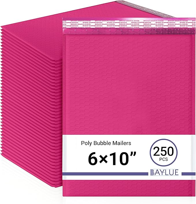 Hot Pink Small Poly Bubble Mailers 6x10 inch #0 | Self Seal Padded Envelopes | Cushioned Bubble Mailer | Usable Size 6x9 | 250 Pack Bulk | WaterProof | Lightweight mailing Shipping Bags
