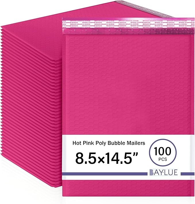 Hot Pink 8.5x14.5 Inch Poly Bubble Mailers #3 | Self Seal Large Padded Envelopes | Air Cushioned Bubble Mailer | Usable Size 8.5x13.5 | Waterproof Lightweight Mailing Shipping Bags | 100 Pack Bulk
