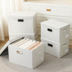 PRANDOM Large Collapsible Storage Containers with Lids [5-Pack] Fabric Foldable Storage Bins Boxes Organizer Baskets Cube with Cover for Home Bedroom Closet Office Beige(17.3x11.8x11.8)