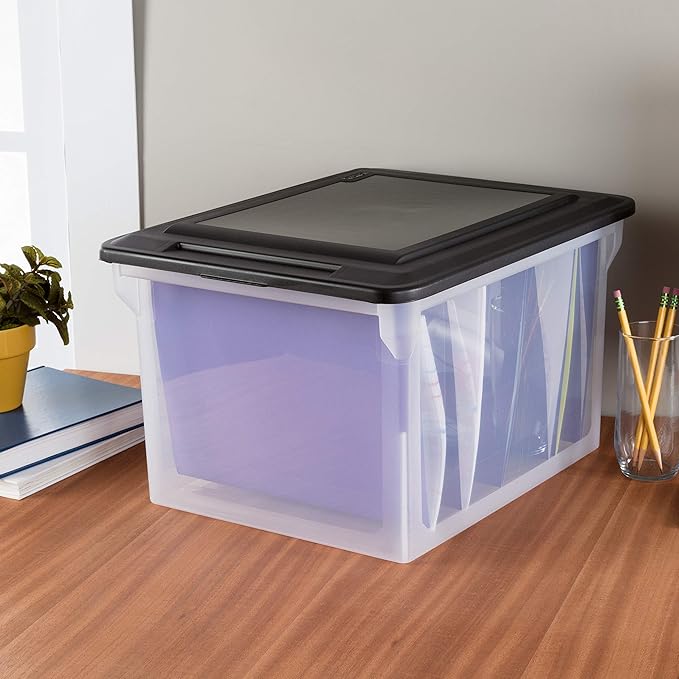 Sterilite File Box, Stackable Storage Bin with Lid, Plastic Container to Organize Taxes, Papers in the Home, Office, Clear Base with Black Lid, 4-Pack