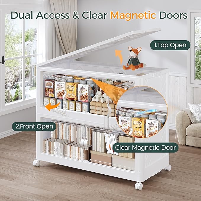 720QT Extra Large Stackable Storage Bins with Lid, 180Gal Collapsible Closet Organizer Box with Wheels, Folding Plastic Storage Cabinet with Doors for Home Kitchen Office Dorm, 4Pack White