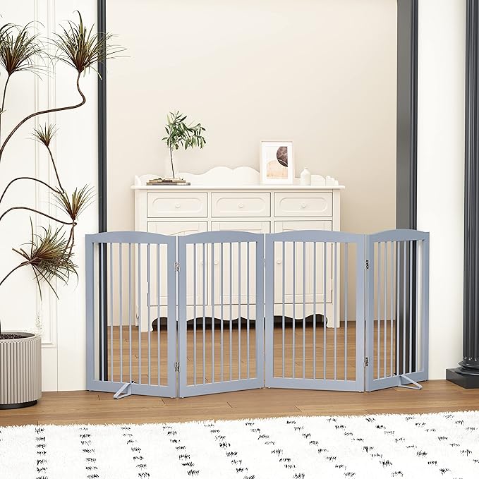Freestanding Wooden Pet Gate - Foldable Indoor Dog Gate, 80 Inch Wide, 4 Panels, Grey