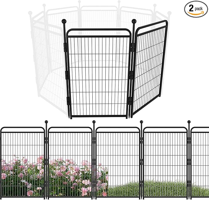 Decorative Garden Fence 40in(H) x52in(L),Thicken 2 Panels Metal No Dig Outdoor Dog Fence for Yard,Heavy Duty Animal Barrier for Dog and Rabbit, Garden Border Fence, Black