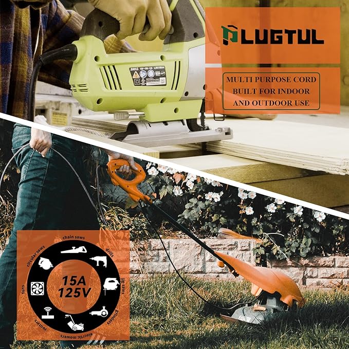 PLUGTUL 10 Gauge Extension Cord 50FT, Black Outdoor Extension Cord with Lighted End, Heavy Duty,15A 1875W SJTW, ETL Listed