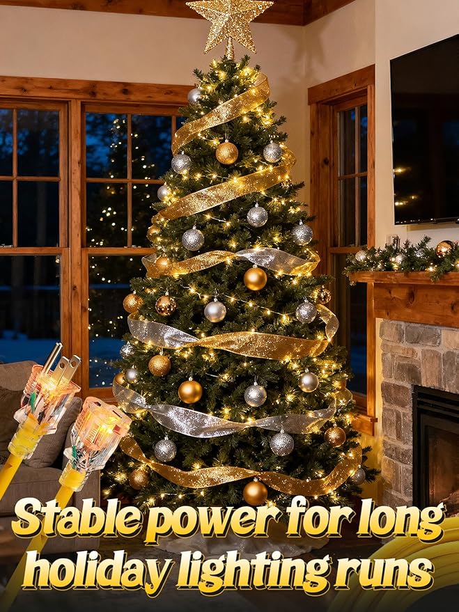 Lighted End Heavy Duty Outdoor Extension Cord Waterproof -16AWG, 3 Prong, 15A, 1875W, Flexible Yellow Power Extension Cord for Outsides, 50ft