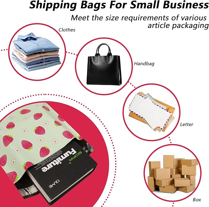 Poly Mailers 10x13 Inch 25 Pcs - Strawberries printed Shipping Bags, 2.4mil Thickness, Waterproof and Tear Resistant Mailing Envelopes, Self-Sealing Packaging Bags for Small Business