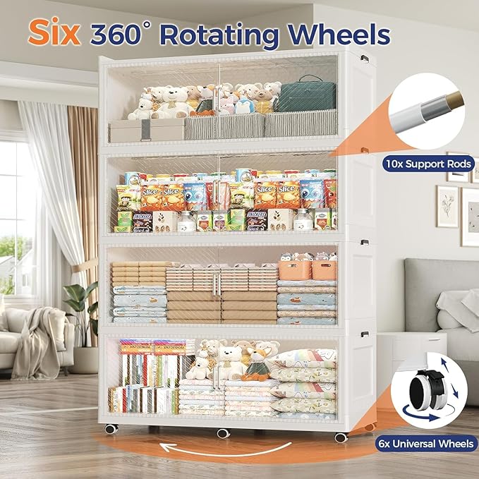 200Gal Extra Large Stackable Storage Bins with Lid, 800Qt Collapsible Storage Box with Wheels, Closet Organizers and Storage Cabinet Container for Home, Kitchen, Office, 4Pack White Clear