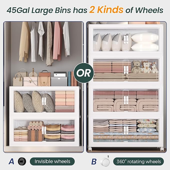 180Gal Stackable Storage Bins with Lid and Wheels, 720QT Plastic Collapsible Storage Boxes with Doors, Closet Organizer and Storage Cabinet for Home Kitchen Office Dorm Room, 4Pack White