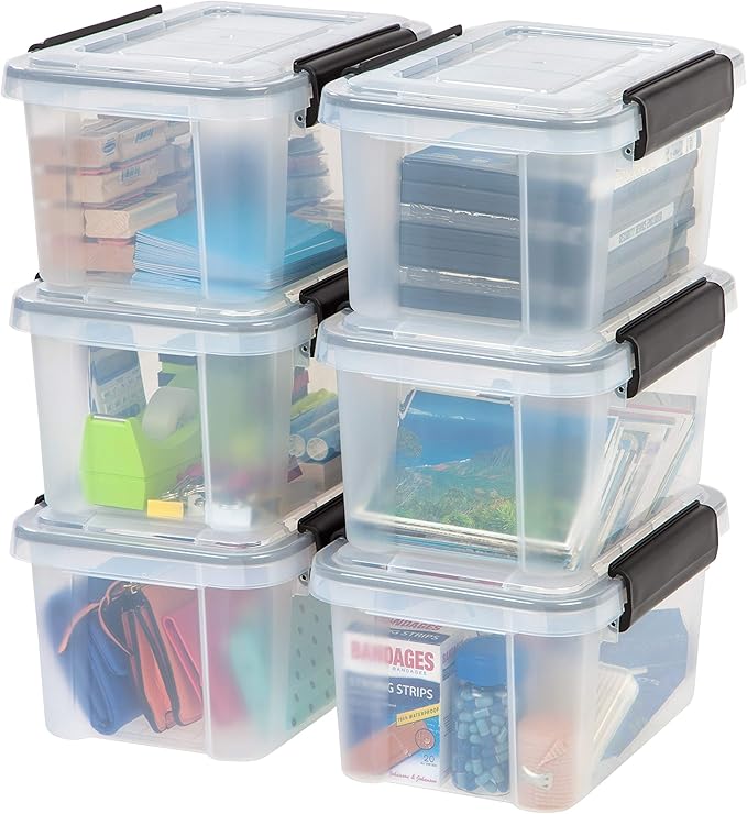 IRIS USA WeatherPro 6 Qt Storage Bins with Lids, 6 Pack, BPA-Free Plastic Gasket Box with Tight Latch and Seal, Stackable Nestable Tote Tub - Clear/Black