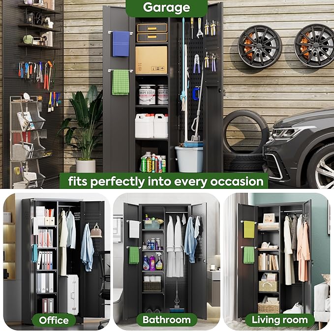 71.37" H Broom Closet Storage Cabinet with Towel Hangles and Adjustable Shelves,Metal Tool Cabinets with Pegboard and Hooks for Garage Laundry Room Home Office,Required Assembly,Black