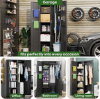 Broom Closet Storage Cabinet with 5 Pegboard, Hanging Rod &13 Hooks, Utility Metal Garage Storage Cabinets with Doors and 4 Shelves for Garage Home Office, Black,71.4" H x 31.5" W x 15.7" D