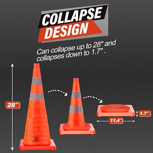RoadHero 28 Inch 1 Pack Collapsible Traffic Safety Cones, Multi Purpose Pop-up Cones with Reflective Collar for Road Safety, Orange Cones for Driving Training, Parking Lots