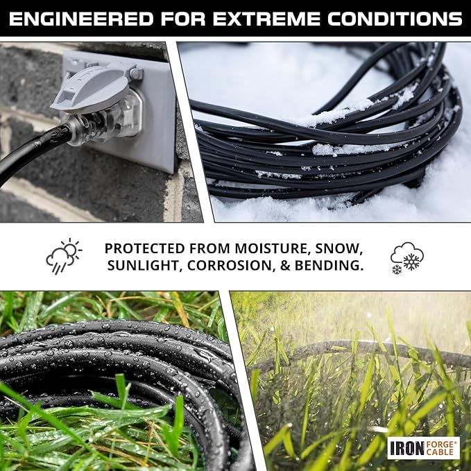 Iron Forge Cable 12 Gauge Outdoor Extension Cord 6 Ft, SJTW 12/3 Heavy Duty Extension Cord 3 Prong, Flame Retardant Black Electric Cable - Lighted End