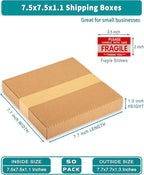 50 Pack 7" 45 RPM Vinyl Record Mailers, 7.5"L x 7.5"W x 1.1"H Kraft Corrugated Album Shipping Boxes for Small Business Packaging Mailing Moving Storage, with Fragile Stickers