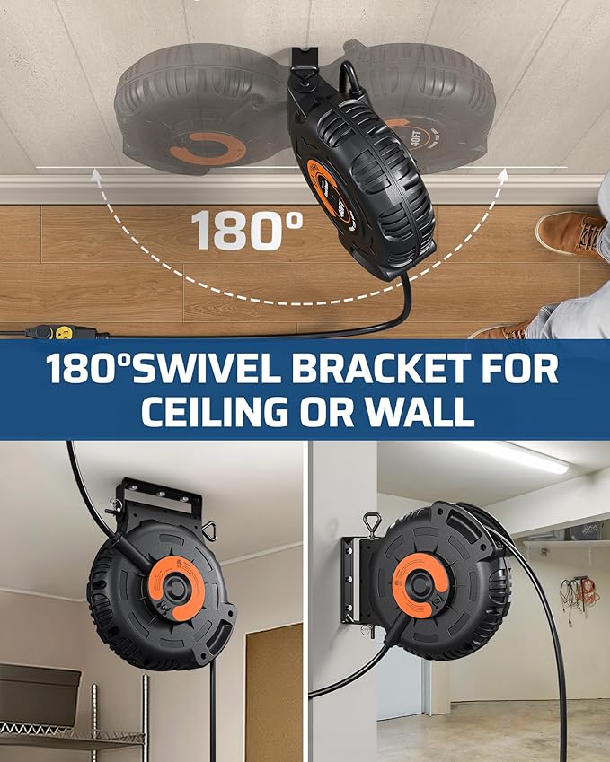 DEWENWILS Retractable Extension Cord Reel, 40FT 10AWG/3C SJTW Heavy Duty Power Cord, 4 Grounded Outlets, 20 Amp Circuit Breaker, 2500W, 180° Swivel Bracket for Ceiling/Wall Mount, ETL Listed