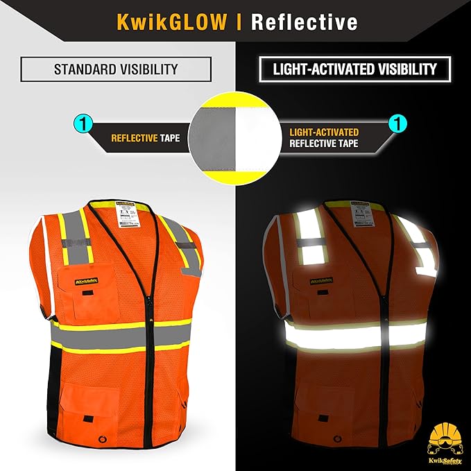KwikSafety - Charlotte, NC - BIG KAHUNA Safety Vest [11 Pockets] Class 2 ANSI OSHA Reflective Vest Durable High Visibility Vest Construction Safety Vest for Men Industrial Work Gear/Orange 2XL
