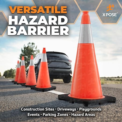 Xpose Safety 28 Inch Orange Traffic Cones with 6" Collar - 1 Pack Multipurpose PVC Plastic Safety Cone for Parking, Soccer, Caution, Kids and Construction - DOT Approved