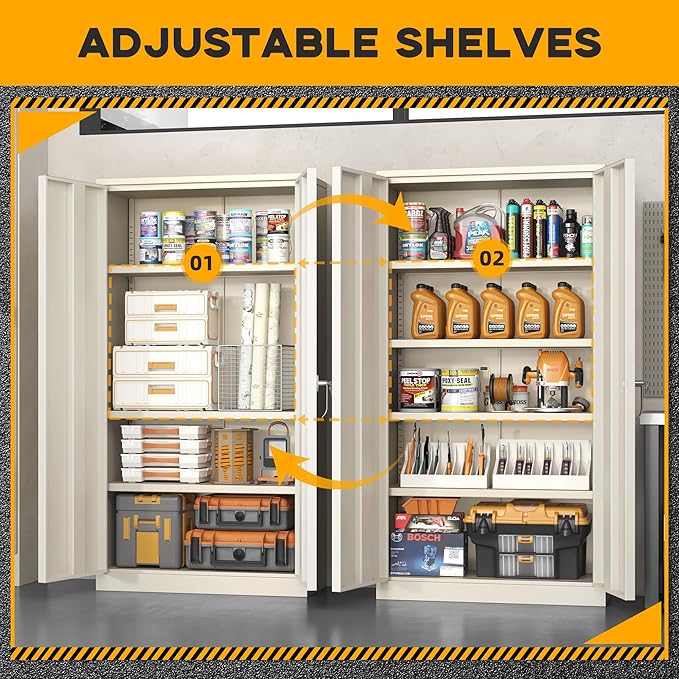 Greenvelly Metal Garage Storage Cabinet with 2 Doors and 4 Adjustable Shelves, 72”H Steel Lockable Storage Cabinet,Tall Metal Cabinet Locking File Cabinet for Office,Home, Garage, Gym, School