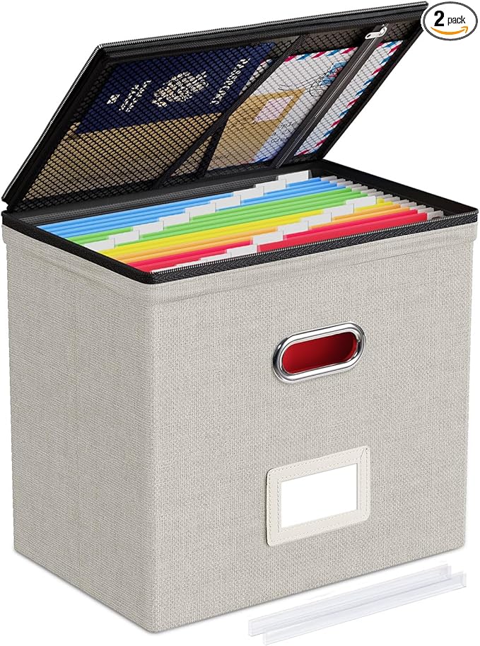 Oterri File Organizer Boxes with Lids, File Box with Mesh Pockets, Document Organizer Box for Letter Size Folders, Zippers Important Document Organizer (Beige, Small-1 Pack Without Folders)