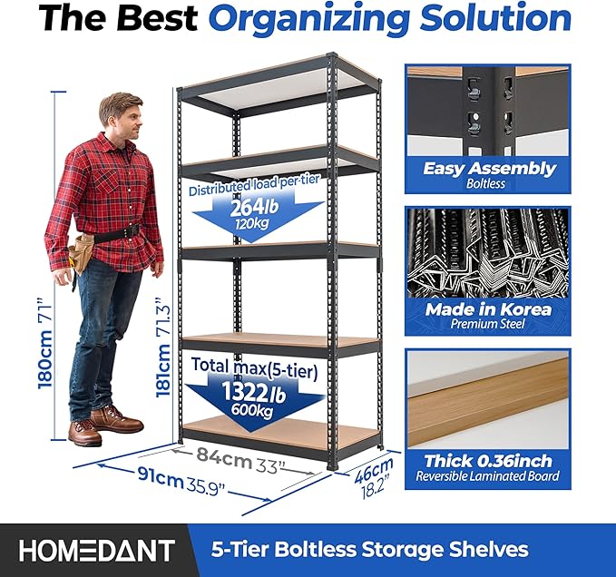 HOMEDANT 35.9" W 5 Tier Heavy Duty Garage Shelving Adjustable Metal Rack Storage Shelves Standing Shelf Unit Organizers Pantry Closet Black 1Pack