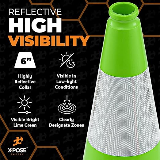 Xpose Safety 18” Lime Green Traffic Cone - 6" Reflective Collar – 24 Pack Multipurpose Premium PVC Safety Cone for Parking, Caution, Construction, Road Crews, Emergency Vehicle - DOT Approved
