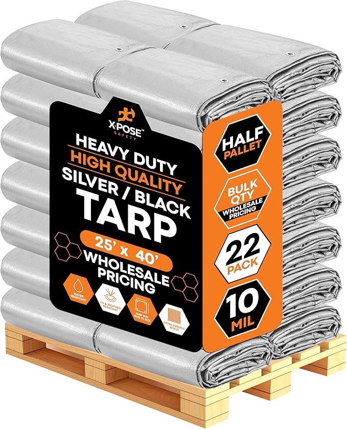 Heavy Duty Poly Tarp 25' x 40' - Bulk Half Pallet (22 Pack) Thick Waterproof, UV Blocking Protective Cover - Reversible Silver & Black - 10 Mil Thick Polyethylene - by Xpose Safety