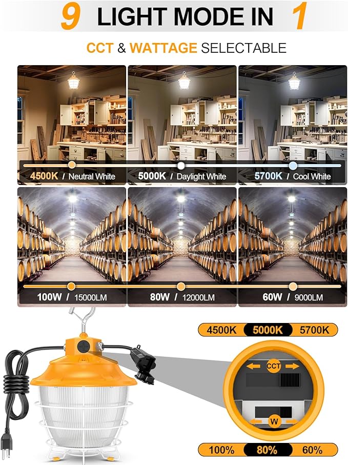 LED Temporary Work Light 80W 64W 48W Tunable 4500K 5000K 5700K Tunable 12000LM Portable Hanging Linkable Construction Light ETL DLC Listed with ON/Off Button for Job Site, Workshop