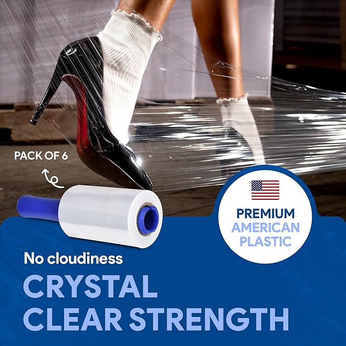 International Plastics Co. 6 Pack of 5" Plastic Stretch Film Wrap with Rotating Handles 1000 feet Each 500% Stretch Ability