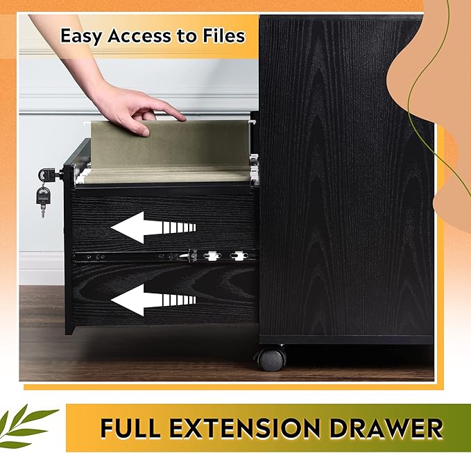 DEVAISE File Cabinet with Charging Station, 1-Drawer Lateral File Cabinets with Lock for Home Office, Wooden Rolling Printer Stand with Shelves, Black