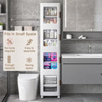 VECELO 4-Tier Tall Narrow Storage Cabinet with Movable Wheels, Adjustable Shelves, Anti-Tip, Slim, for Small Space, Bathroom, Kitchen, Laundry, White
