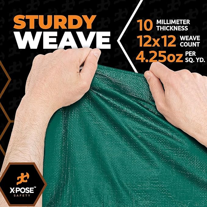 Heavy Duty Poly Tarp 12' x 16' - Bulk Half Pallet (144 Pack) Thick Waterproof, UV Blocking Protective Cover - Reversible Green & Black - 10 Mil Thick Polyethylene - by Xpose Safety