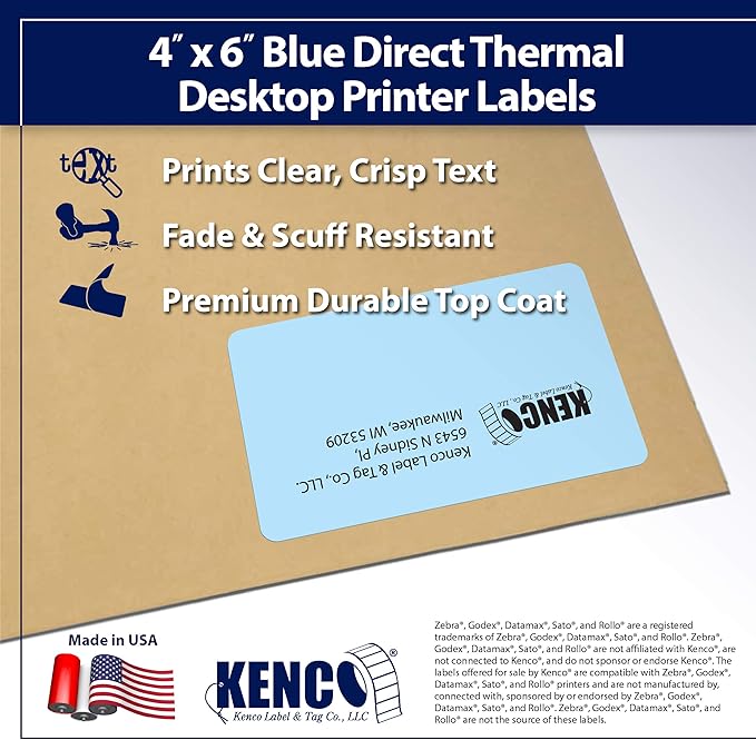 4" X 6" Direct Thermal Perforated Stickers Labels for Shipping Labels, Inventory, and Color Coding - Compatible with Zebra, Rollo, Godex and More (Blue, 48 Rolls)