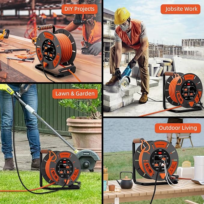 Retractable Extension Cord Reel 80 FT, 14AWG SJTOW Heavy Duty Power Cord with 4 Grounded Outlets, USB-A & USB-C Ports, 13A Circuit Breaker, Hand Crank for Indoor Outdoor Use, ETL Listed, Orange