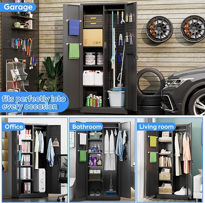 71.41" H Broom Closet Storage Cabinet with Towel Hangles and Adjustable Shelves,Metal Clean Tool Cabinet with Pegboard and Hooks for Garage Laundry Room Home Office,Required Assembly,Black