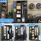 71.41" H Broom Closet Storage Cabinet with Towel Hangles and Adjustable Shelves,Metal Clean Tool Cabinet with Pegboard and Hooks for Garage Laundry Room Home Office,Required Assembly,Black