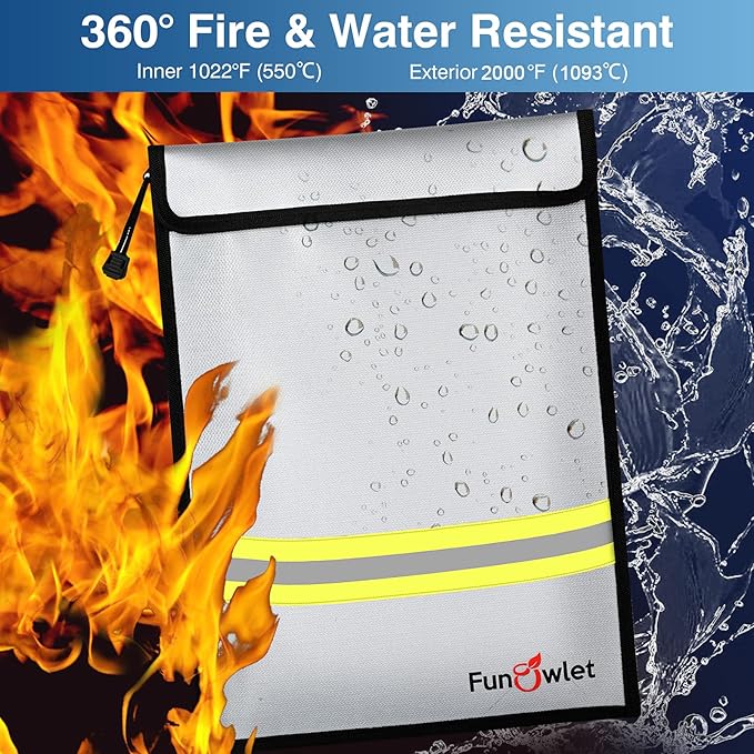 Fireproof Waterproof Money Document Bag - 15" x 11" Upgraded Zipper Bags, Fire & Water Resistant Storage Organizer Pouch for A4 A5 Documents Holder,File,Cash,Jewelry,Passport,Tablet (Black+Gray)