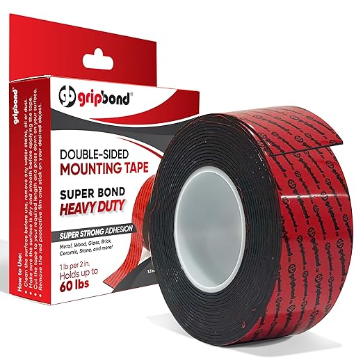 GripBond Black Super Bond Heavy Duty Double Sided Tape, 1 Roll (10 Ft), 1.2” x 120” – Waterproof Adhesive Mounting Tape for Indoor/Outdoor, Walls, Automotive, Car, LED Strip Lights, Home, Office