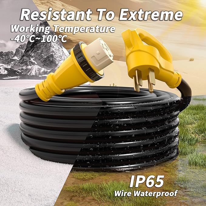 50 Amp Generator Cord, 25FT 50 Amp RV Extension Cord with Twist Lock, Generator Cable 50A 4 Prong Yellow, NEMA 14-50P/SS2-50R Heavy Duty STW Wire for RV Camper & House
